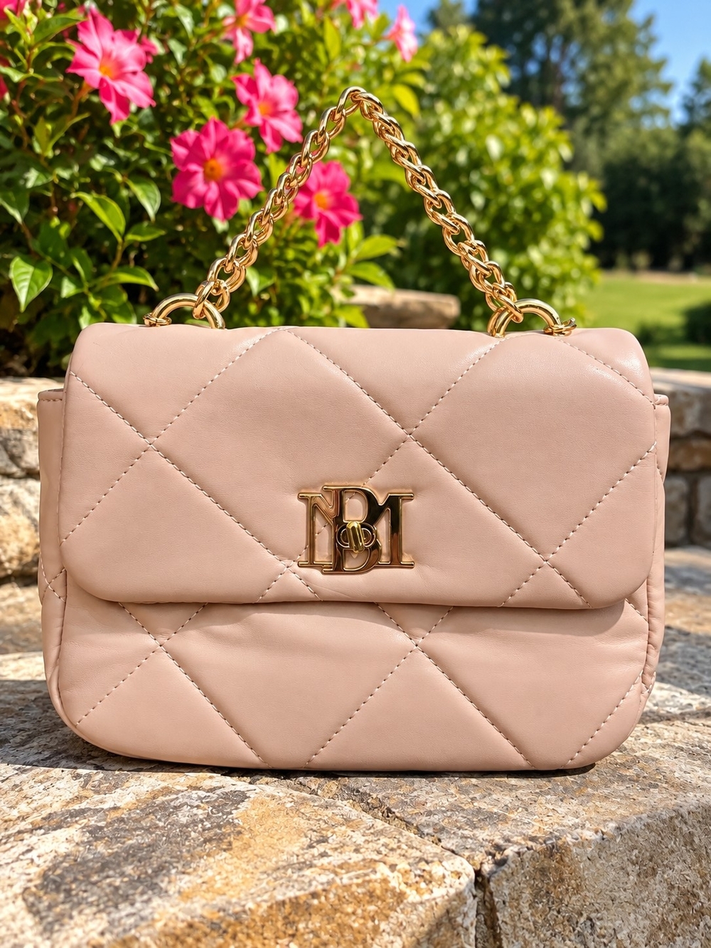 Badgley Mischka Quilted Pink Shoulder Bag with Gold Chain Handle